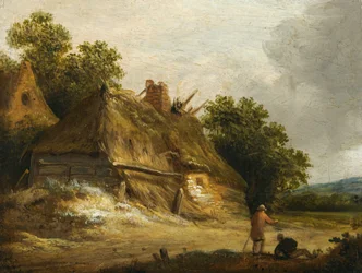 Deux figures passant le long de la route devant un cottage
