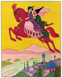 Le cheval les soulève dans les airs, illustration pour "Le cheval magique", tiré des "Mille et une nuits".
