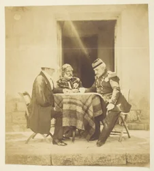 Un conseil de guerre : Lord Raglan, Omar Pacha et Pélissier, pris la veille de la prise du Mankelen, Crimée