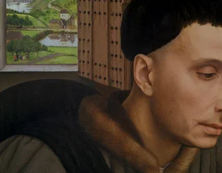 Saint Yves, détail de la fenêtre et de la tête de Saint Yves, vers 1450