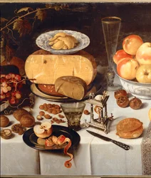 Nature morte. Pommes, fromage, fruits, vaisselle (huile sur bois de chêne)