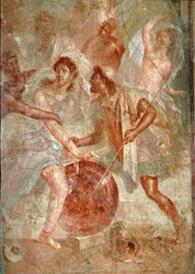 Achille, déguisé en femme, est reconnu par Ulysse parmi les filles de Lycomède à Skyros. Fresque de Pompéi. Ier siècle apr. J.-C. Dimensions : 145,5 x 137,5 cm. Musée archéologique national, Naples. Art romain. Lutte violente entre les habitants de Pompéi