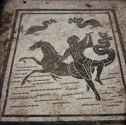 Ostie antique. Place des Corporations. Mosaïque de la Corporation des marins de Sabratha. Une nymphe et un cheval marin.