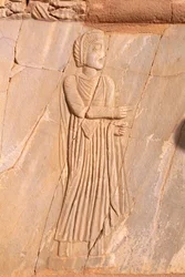 Gros plan du relief décoratif de la scène du théâtre de Sabratha, Libye, Tripolitaine