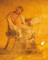 Fresque sur fond jaune représentant le poète grec Ménandre, de la Maison de Ménandre, Pompéi, Campanie, Civilisation romaine