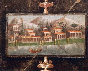 Paysage et architecture dans la peinture murale du tablinum, Maison de Marco Lucrezio Fronto, Pompéi, Campanie, Civilisation romaine