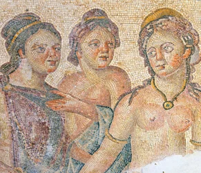 Léda et ses servantes, détail de la mosaïque Léda et Zeus, Maison d