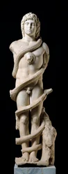 Culte mithriaque : représentation de la divinité Mithra avec Chronos, le serpent enroulé, symbole du temps. Sculpture en marbre du IIe siècle apr. J.-C. Dimensions : 167 cm. Mérida, Museo Nacional de Arte Romano