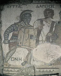 Peinture de deux gladiateurs sur un mur en mosaïque, Kourion, Limassol, Chypre