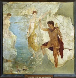 Persée libérant Andromède. Fresque 37,5x37,5 cm. Provenant de la Maison des cinq squelettes (Casa dei cinque Scheletri) à Pompéi. s. d. Musée archéologique national, Naples (Musée archéologique de Naples). ©Raffael/Leemage