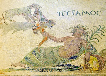Pyrame et Thisbé, (détail) de Pyrame et du léopard, Maison de Dionysos, Paphos, Chypre mosaïque