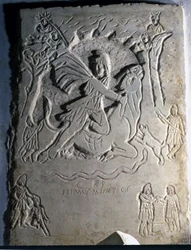 Relief représentant la divinité iranienne Mithra (ou Mitra) abattant le taureau, un animal qui lui est associé. 4ème siècle. Palazzo dei Conservatori, Rome.
