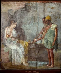 Art romain : « Danaé et son fils Persée sont trouvés par des pêcheurs sur la plage de Sériphe ». Fresque de Pompéi. 3ème style. Musée archéologique national, Naples
