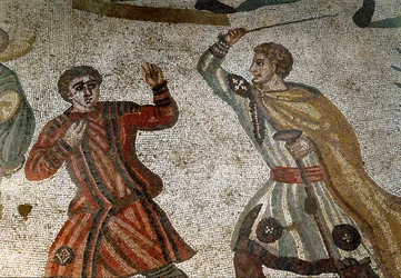 Art romain : détail de la mosaïque « La Grande Chasse ». Un aristocrate romain punit l