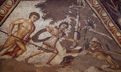 Art romain : Mosaïque des saisons de la cour de la villa de Constantin de "Daphné" représentant deux chasseurs. Détail. Du faubourg d