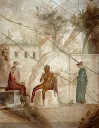 Art romain : « Pan musicien avec des nymphes ». Fresque attribuée au maître Chiaro. 1er siècle. Provenant de Pompéi. Naples, Museo Archeologico Nazionale