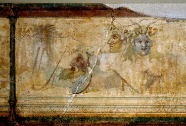 Art romain : « Nature morte aux masques de théâtre ». Détail. Fresque, vers 25-19 av. J.-C. Dimensions : 23 cm. Rome, Museo Nazionale Romano (ou musée des Thermes)