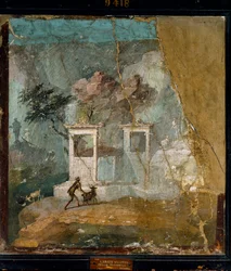 Art romain : « Le Bélier perdu, idylle pastorale ». Fresque romaine provenant du site de Pompéi, d