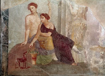 Art romain : « Deux femmes jouant avec une chèvre » Fresque du Ier siècle av. J.-C. Paris, Musée du Louvre