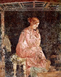Art romain : « Jeune femme assise ». Fresque romaine du troisième style pompéien, provenant de Pompéi, 40-60 apr. J.-C.