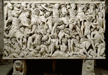 Art romain : sarcophage Ludovisi avec une scène de bataille opposant les Romains aux barbares - IIIe siècle apr. J.-C., dimensions 153 x 273 cm - Rome, Museo Nazionale Romano - Hostilien, fils de l
