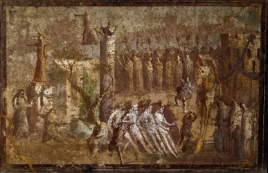 Art romain : « Tabula Iliaca », entrée du cheval de Troie. Les Troyens tirent le cheval vers les murailles tandis que Cassandre tente de s