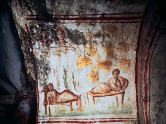 Art romain : les rêves de Joseph, fils de Jacob. Fresque du 4ème siècle. Catacombes de la Via Latina, Rome