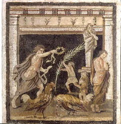 Art romain : combat de coqs dans une palestre en présence des personnifications de la Défaite et de la Victoire. Mosaïque provenant de la Villa du Labyrinthe à Pompéi. 2e style. Dimensions : 46x42 cm. Musée archéologique national, Naples