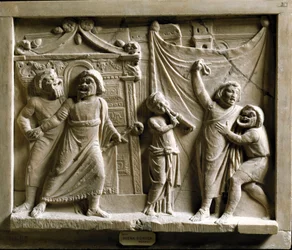 Art romain : scène de théâtre comique de la pièce « Andria » de Térence (Publius Terentius Afer) (185-159 av. J.-C.), relief de Pompéi - Musée Archéologique National Naples