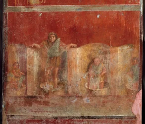 Art romain : scène de fullonica ou de foulonnerie représentant le nettoyage des vêtements des gens avec les pieds. Fresque de la villa Fullonica Stephani (La Fullonica de Stephanus) à Pompéi, utilisée comme laverie et teinturerie. Peinture du Ier siècle