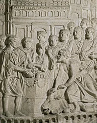 Art romain : bas-relief représentant des citoyens sarmates rendant hommage aux Romains. Des bas-reliefs de la colonne de Marc-Aurèle. IIe siècle ap. J.-C. Rome, Museo della Civiltà Romana