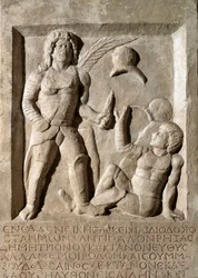 Art romain : bas-relief représentant un combat de gladiateurs. IIe siècle ap. J.-C. Rome, Museo della Civilta Romana