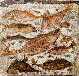 Art romain : mosaïque représentant des poissons. 1er ou 2ème siècle après J.-C. De la Villa dei Settimii sur la Via Cassia. Rome, Museo Nazionale Romano