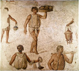 Art romain : serviteurs à un banquet. Fragment de mosaïque de Carthage, Tunisie. 180-190 ap. J.-C. Paris, Musée du Louvre