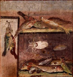 Art romain : « Nature morte aux poissons ». Fresque provenant de Pompéi. Ier siècle apr. J.-C. Naples, Museo Archeologico Nazionale