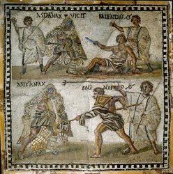 Scène de combats de gladiateurs, entre un rétiaire et un secutor, IVe siècle (mosaïque)