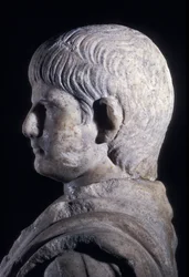 Statue togée du jeune Néron, vue latérale de la tête, c.50 AD (détail)