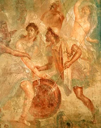 Ulysse et Diomède reconnaissant Achille déguisé en Pyrrha parmi les filles de Lycomède à Skyros, de Pompéi