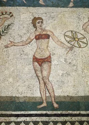 Jeune Romain engagé dans des exercices physiques. (détail de mosaïque, 315-350 après J.-C.)