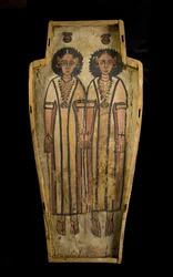 Base de cercueil anthropoïde, Haute-Égypte, Thèbes, période romaine tardive, vers 175-200 après J.-C. (bois plâtré et peint)