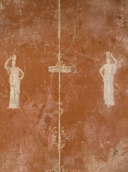 Décoration sur fond rouge en troisième style pompéien, Maison de Sacerdus Amandus, Pompéi, Campanie, Civilisation romaine