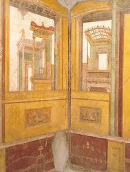 Détail de mur fresqué en fausse architecture, Maison des Vettii, Pompéi, Campanie, Civilisation romaine