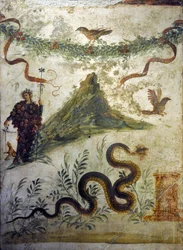 Dionysos vêtu de grappes de raisin, debout devant le Vésuve - Fresque de Pompéi, Casa del Centenario (maison du Centenaire) - Naples, Musée archéologique national