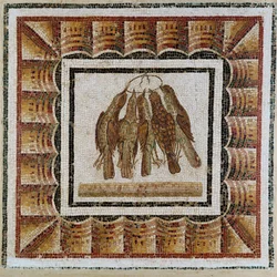 Cinq grives mortes suspendues à une corde (mosaïque)