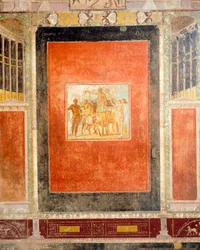 Décoration de fresque de la salle du Tablino, Maison de Marcus Lucretius Fronto, Pompéi, Campanie, Civilisation romaine