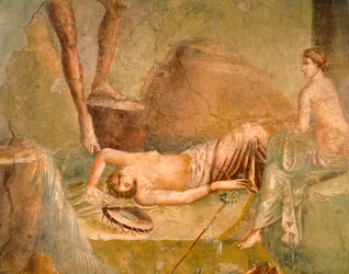 Fresque représentant une Ménade endormie, de la Maison du Cithariste, Pompéi, Campanie, Civilisation romaine