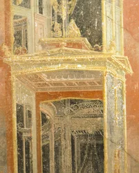 Fresque représentant une décoration architecturale, Maison de Loreio Tiburtino, Pompéi, Campanie, Civilisation romaine