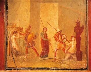 Fresque représentant la rencontre entre Priam, Ménélas et Hélène dans le palais royal, Pompéi, Campanie, civilisation romaine