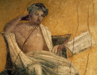 Dramaturge grec Ménandre, détail de fresque, péristyle de la Maison de Ménandre, Pompéi, Campanie, Italie, civilisation romaine