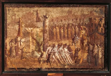 Italie, Campanie, Pompéi, Le cheval de Troie, fresque